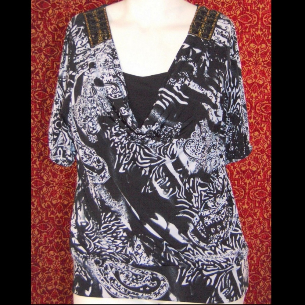 JUDITH black abstract short sleeve blouse 1X ✨